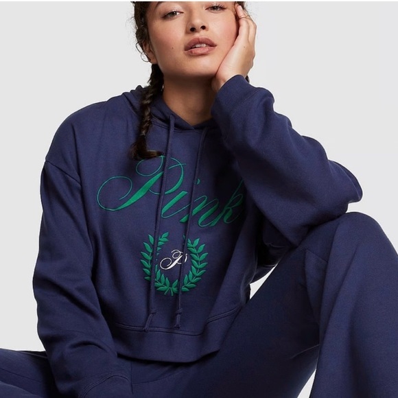 PINK Victoria's Secret Tops - Great condition L PINK Victoria's Secret Navy Cropped Hoodie with Green Logo.